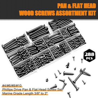 Dianrui 288 PCS Black Wood Screws Assortment Kit, Assorted Sheet Metal Screws #4/#6/#8/#10, ‌Phillips Drive Pan & Flat Head Screw Set Marine Grade Length 3/8" to 2" - size: 288PCS-BK