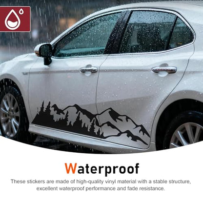 2 PCSCar Mountain Tree Forest Decals, 39.4" x 6.7" Mountain Tree Graphic Stickers, Waterproof Car Body Side Door Truck Tailgate Exterior Decoration, Universal for Cars SUVs Off-Roads (Black)