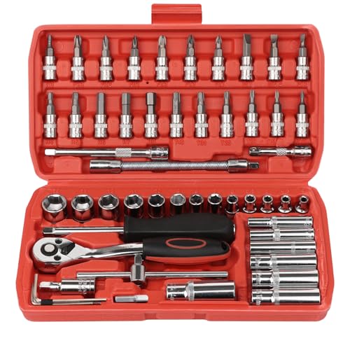 Egofine 53 Pieces 1/4 inch Drive Socket Ratchet Wrench Set with 72 Tooth Reversible Ratchet, with Bit Socket Set and Extension Bar for Auto Repairing and Household, with Storage Case - style: 1/4" 53 PCS with 72 Teeth Ratchet