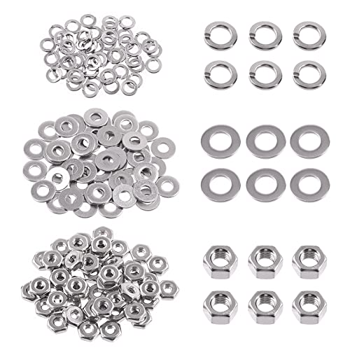 Swpeet 150Pcs Metric 304 Stainless Steel M2.5 Hex Nuts, Flat Washers, and Split Lock Washers Assortment Kit - Coarse Thread Hexagon Nut for Home Automotive Shop Use - size: M2.5 Hex Nuts & Washers