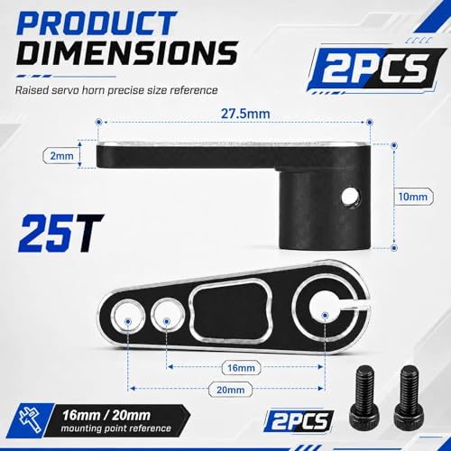 2PCS 25T Aluminum Raised Servo Horn for Futaba Savox Power HD 1/8 1/10 RC | CNC Servo Arm With M3 Threaded 16mm 20mm Holes for RC Off-Road Crawler Drift Racing Car Steering Linkage Clearance Upgrade - color: Black