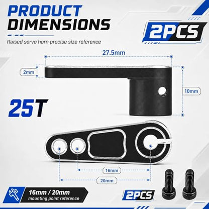 2PCS 25T Aluminum Raised Servo Horn for Futaba Savox Power HD 1/8 1/10 RC | CNC Servo Arm With M3 Threaded 16mm 20mm Holes for RC Off-Road Crawler Drift Racing Car Steering Linkage Clearance Upgrade - color: Black