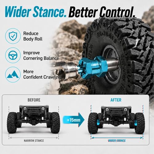 4PCS 12mm Hex Hub 15mm Aluminum Extension Hex for Axial SCX10 D90 90046 | 15mm CNC Wheel Hex Extenders for 1/10 RC Crawlers Redcat Gen7/Gen8 CC01 RC4WD Wider Stance & Tire Clearance with M4 Nuts Pins - color: skyblue