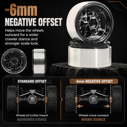 4PCS 1.9" RC Beadlock Wheels with12mm Hex & -6mm Offset Aluminum 30mm Wide Rims for 1/10 RC Crawler, Compatible with TRX4 TRX6 SCX10 SCX10 II III Gen8 RC4WD D90 90046 AXI03007 - color: Black-Black