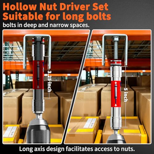 Power Nut Driver Set 19PCS 5-Inch Extended Reach Hollow Nut Driver Shaft | 8-19 mm Metric, 7 Nut Drivers & 8 Screwdriver, 3-in-1 Adapters for Impact Drill Wrench Hammer