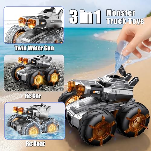 Amphibious Remote Control Car Boat with Water Gun Waterproof RC Cars | 4WD All-Terrain Gesture Sensing Rc Stunt Car RC Monster Trucks Swimming Pool Toys Gifts for 8 9 10 11 12 Year Old Boys Girls - color: Orange