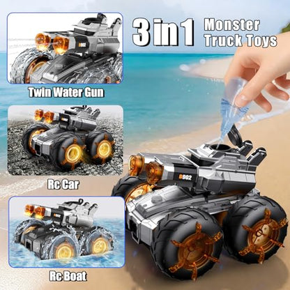 Amphibious Remote Control Car Boat with Water Gun Waterproof RC Cars | 4WD All-Terrain Gesture Sensing Rc Stunt Car RC Monster Trucks Swimming Pool Toys Gifts for 8 9 10 11 12 Year Old Boys Girls - color: Orange