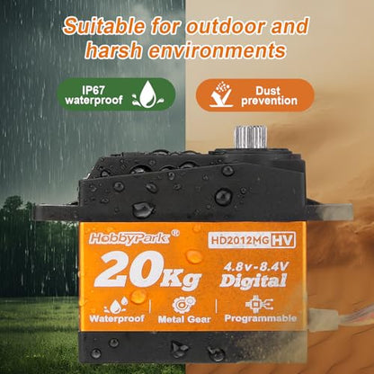 HobbyPark Waterproof Servo 20KG Servo Motor High Torque RC Servo Metal Gear Digital Servo with 25T Servo Horn for 1/10 1/12 RC Car Robot DIY Control Angle 180°, 0.09sec