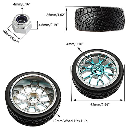 4PCS 12mm Hex Hub RC Cars Wheels and Tires,62mm On Road Touring Rubber Racing Rally Tires Set for 1:10 1:16 1:18 XV01 TT01 TT02B HSP 94122 94123 94103 3850 3851 FW06 16889 RC Cars(Silver Blue)