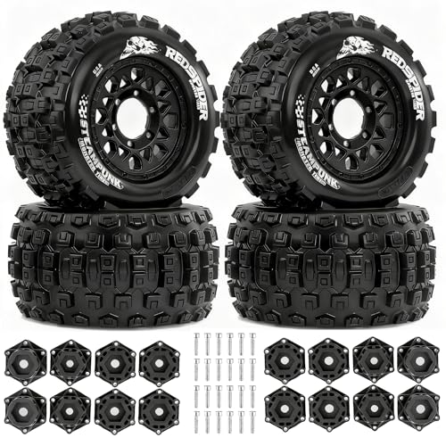 1/10 Scale RC Truck Tires 2.8inch Tire and Wheels with 12mm/14mm Hexes fit Stampede Arrma Big Rock Granite VORTEKS 3S Traxxas Slash, Stampede Rustler, Hoss (Black) - color: Black
