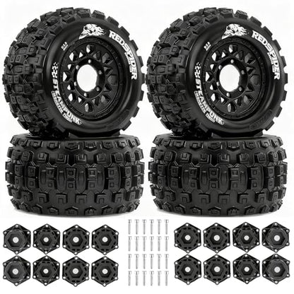 1/10 Scale RC Truck Tires 2.8inch Tire and Wheels with 12mm/14mm Hexes fit Stampede Arrma Big Rock Granite VORTEKS 3S Traxxas Slash, Stampede Rustler, Hoss (Black) - color: Black