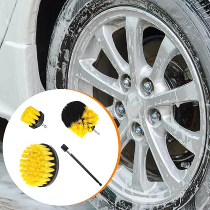 4PCS Drill Brush Attachment Kit with Extension Rod, Yellow | PP bristles with steel shafts, three brush sizes, quick-change extension rod, follows curved surfaces, compact storage - color: Yellow