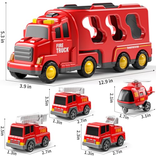 JUKUDAHU Fire Truck Toys for Kids Ages 3-5 - Carrier Vehicle Toy Set | Car Toys for Boys Ages 3+, Fire Toys, Kids Toys Truck Set for Ages 3-9, Birthday Gifts for Boys Girls - style: 5 IN 1 Fire Truck