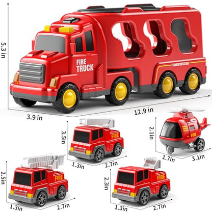 JUKUDAHU Fire Truck Toys for Kids Ages 3-5 - Carrier Vehicle Toy Set | Car Toys for Boys Ages 3+, Fire Toys, Kids Toys Truck Set for Ages 3-9, Birthday Gifts for Boys Girls - style: 5 IN 1 Fire Truck