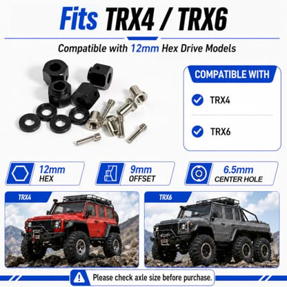 4PCS 12mm Hex Hub 9mm Offset Wheel Hex Extension for Traxxas TRX4 TRX6 1/10 | CNC Metal Wheel Spacer for RC Crawlers Helps Increase Track Width and Side-Hill Stability Reduce Vibration Add Tire Clearance - color: black