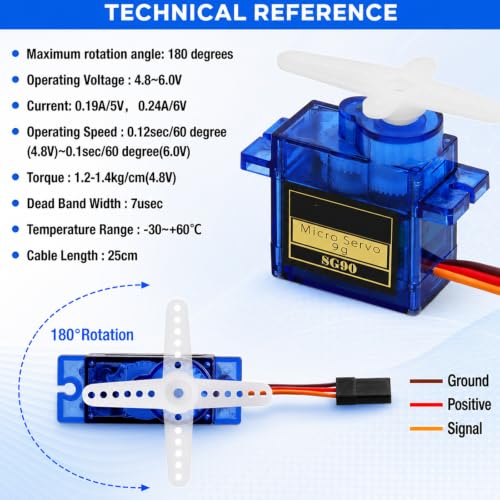 6-Pack SG90 9g Micro Servo Motor, Mini Analog, 180° | 180-degree control angle, 3-pin connector compatible with JR and Futaba, for RC car, plane, helicopter, robot arm