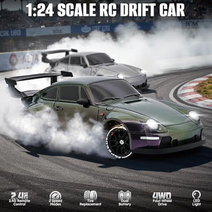 RC Drift Car,1:24 Scale Remote Control Car, 2.4GHz 20KM/H 4WD High Speed RC Cars for Kids with LED Light, Two Batteries,Drifting Tires,Racing Vehicle Toy for Adults Boys Girls Purple - color: Purple