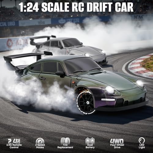 RC Drift Car,1:24 Scale Remote Control Car, 2.4GHz 20KM/H 4WD High Speed RC Cars for Kids with LED Light, Two Batteries,Drifting Tires,Racing Vehicle Toy for Adults Boys Girls Purple - color: Purple