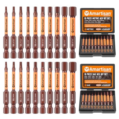 Amartisan 20-Piece Allen Wrench Drill Bit Set | Hex Head Allen Wrench Drill Bit Set, Metric and SAE S2 Steel Hex Bits Set, Magnetic Tips, 2.3" Long With Storage box. - style: 20-Piece Hex Bit Set