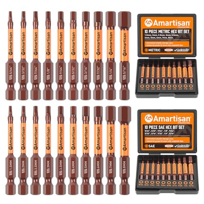 Amartisan 20-Piece Allen Wrench Drill Bit Set | Hex Head Allen Wrench Drill Bit Set, Metric and SAE S2 Steel Hex Bits Set, Magnetic Tips, 2.3" Long With Storage box. - style: 20-Piece Hex Bit Set