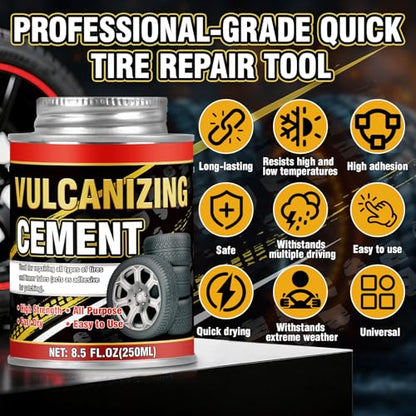 Chemical Vulcanizing Cement 8.5 FL.Oz, Fast-Drying Rubber Cement Glue with Brush, All Purpose Tire Repair Glue, Tire Patch Kit with Brush – 8.5 FL.Oz for Car, Motorcycle, Bike, Rubber