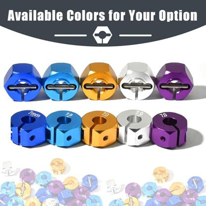 Aluminum 12mm Hex Wheel Hub 4Pcs w/Axle Pin M4 Flange Lock Nut Standard M3 M4 Nut 7mm Thickness Wheel Drive Adapter for 1/10 Traxxas HSP Redcat Rc4wd Tamiya Axial SCX10 WLtoy RC Car(25Pcs) - color: Gold, size: 7.0