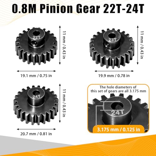 0.8M Pinion Gear Set Hardened Steel 3.175mm Shaft 22T 23T 24T Pinion Gears with Screws and Hex for Tamiya, Traxxas, Arrma, Axial, Losi, HPI 1/10 RC Car Brushless Brush Motor Upgrade - size: 22 23 24T