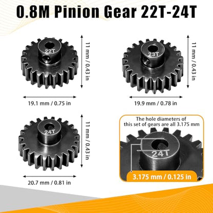 0.8M Pinion Gear Set Hardened Steel 3.175mm Shaft 22T 23T 24T Pinion Gears with Screws and Hex for Tamiya, Traxxas, Arrma, Axial, Losi, HPI 1/10 RC Car Brushless Brush Motor Upgrade - size: 22 23 24T