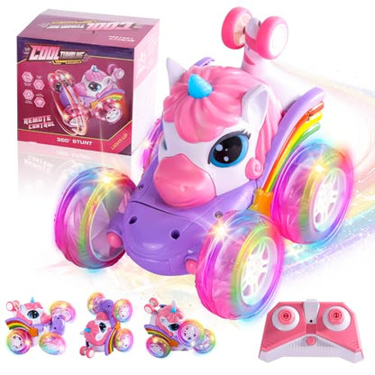 Remote Control Car Unicorn for Girls 360° Rotating 4WD Stunt RC Cars with Cute Cool LED Lights, 2.4GHz Toy Car USB Direct Charging RC Cars Birthday Gifts for Kids Girl Age 3-6 7-9 (Small) - style: Small
