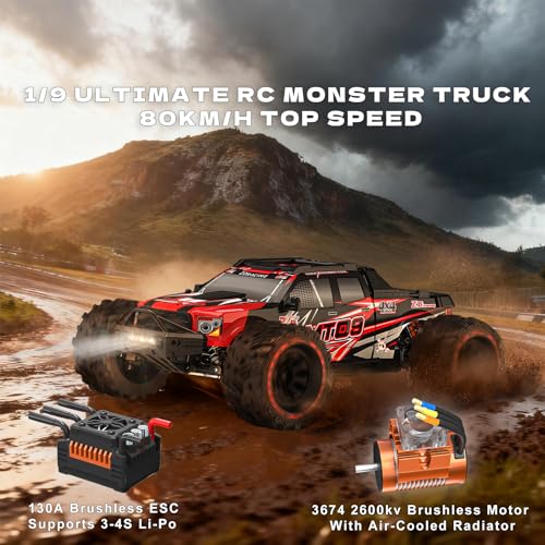 ZD Racing MT09 1/9 4WD Brushless Monster Truck RTR RC Vehicle – 3S/4S Compatible, 65+ km/h High Speed, Full Metal Chassis, Reinforced Drivetrain, Extreme Off-Road RC Car-Red