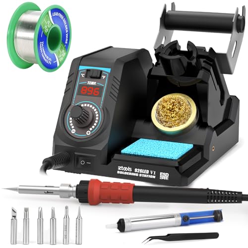 926LED V1 110W High-Power Soldering Station Iron Kit in Black with Temperature Control includes Lead-Free Solder, 6 Soldering Tips, ESD-Safe Tweezers, Solder Wire Dispenser, Tip Cleaner - color: Black