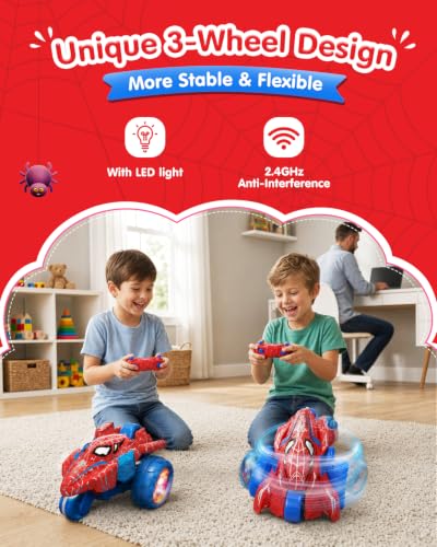 Spider RC Stunt Tricycle for Boys, 3-Wheel Remote Control Motorcycle Car with 360° Rotation & Double-Sided Driving, 2.4GHz Rechargeable LED Stunt RC Car Toy Gift for Kids Ages 3-9 - color: Spider