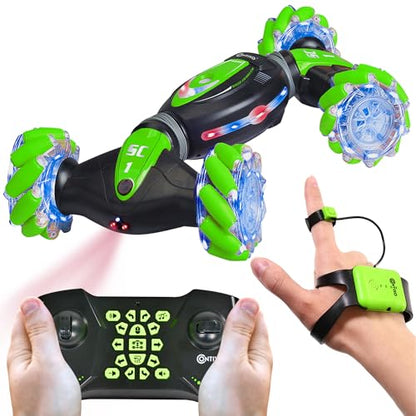 Contixo SC1 Large 1:12 Gesture Control RC Stunt Car for Kids, 4WD Remote Control Car with Hand Motion Sensor, Double-Sided Driving, 360° Rotating Flips, LED Lights, All Terrain RC Car for Boys, Green