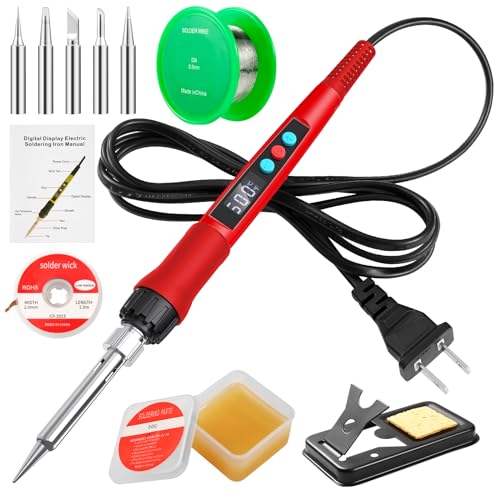 Soldering Iron Kit, 100W LED Digital Solder Gun kits with Ceramic Heater, Adjustable Temperature Welding Tools with Tips, Wick Braid, Stand, Solders Wire, Sponge, Flux Paste, Red - color: Red