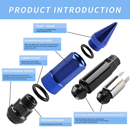 20Pcs Anti Theft Spikes Extended Tuner Wheel/Rims Lug Nuts with Wheel Locks M12X1.5+Socket (Blue) - color: Blue