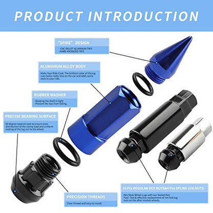 20Pcs Anti Theft Spikes Extended Tuner Wheel/Rims Lug Nuts with Wheel Locks M12X1.5+Socket (Blue) - color: Blue