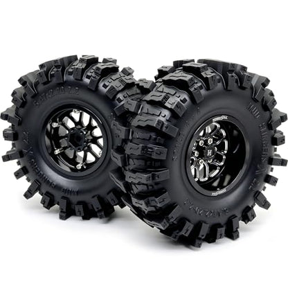 HOBBYSOUL 5.47'' Tall Mud Slingers X 2.2 beadlock Wheels and Tires 4-Pack | -11mm negative offset black beadlock wheel rims,T8 Compound Tire, For 1/10 RC Crawlers Truck Upgrades - color: Black, size: 139mm / 5.47inch Tall
