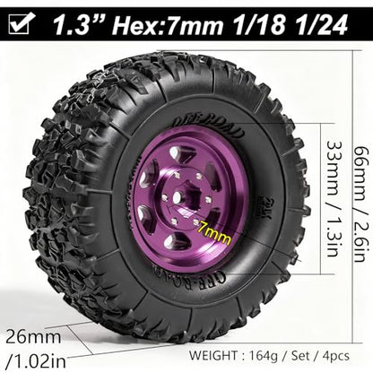 1.3” Aluminum Beadlock Wheels & Mud Terrain Tires Set for 1/18 1/24, -6.0mm Offset RC Crawler Car Fits TRX4M, Axial SCX24 AX24, Redcat Ascent-18, FCX24, 66 x 26mm, Pre-Assembled 4 pcs, Purple - color: Purple