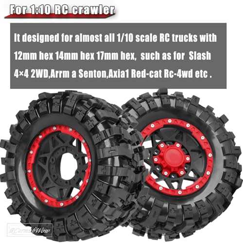 1/10 Scale RC Truck Tires,Wheels and Tires w/12/14/17MM Hex for Rustler Stampede Hoss,Arrm a Granite Vorteks Big Rock 3S,1/10 Off Road Tires Rubber Truck Tyres w/Foam Insert,Black w/Red - color: Black W/Red(4pcs)