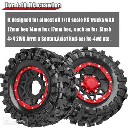 1/10 Scale RC Truck Tires,Wheels and Tires w/12/14/17MM Hex for Rustler Stampede Hoss,Arrm a Granite Vorteks Big Rock 3S,1/10 Off Road Tires Rubber Truck Tyres w/Foam Insert,Black w/Red - color: Black W/Red(4pcs)