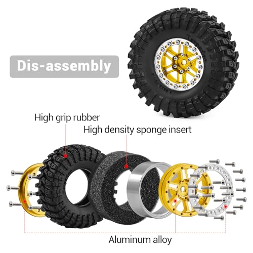 1.3" Wheels and Tires 70mm (2.76in) for SCX24 TRX4M 1/18 1/24 RC Crawler Upgrade Parts (Golden, 4Pcs) - color: golden-3