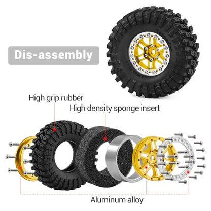 1.3" Wheels and Tires 70mm (2.76in) for SCX24 TRX4M 1/18 1/24 RC Crawler Upgrade Parts (Golden, 4Pcs) - color: golden-3