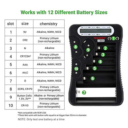 Tenergy T-333 Universal Battery Tester, LCD Display, Cell Checker, Multi-Purpose Small Battery Tester, for AA, AAA, C, D, 9V, CR123A, CR2, CRV3, 2CR5k CRP2, and Button Cell Batteries