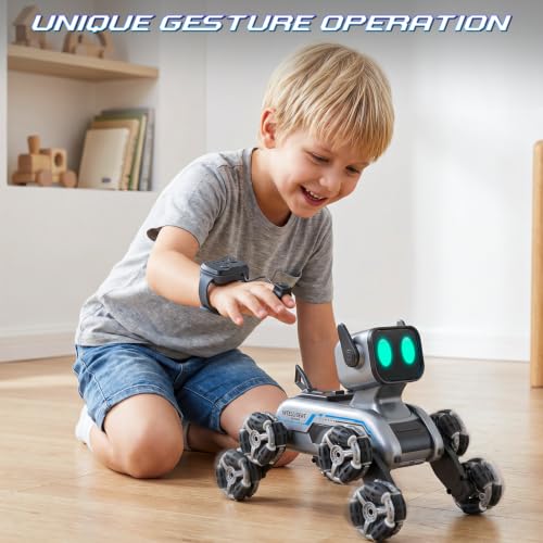 8WD RC Stunt Robot Dog, Gesture Sensing 2.4Ghz Remote Control Toy | 8 Wheeled RC stunt robot dog with gesture sensing & remote control, LED eyes and music, rechargeable toy for Kids 6-12