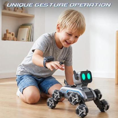 8WD RC Stunt Robot Dog, Gesture Sensing 2.4Ghz Remote Control Toy | 8 Wheeled RC stunt robot dog with gesture sensing & remote control, LED eyes and music, rechargeable toy for Kids 6-12