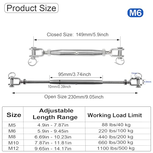 4 PCS 1/4" (M6) 304 Stainless Steel Turnbuckle, Heavy Duty Turnbuckles Closed Body Jaw and Jaw Turnbuckles for Cables Wire Rope Tension, Shade Sail, Industrial Grade Rigging Screw - size: 4PCS-M6-UU