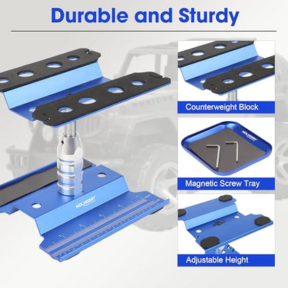 Blue RC Car Stand with 360 Degree Rotation, Lift & Lower Function | Aluminum Repair Workstation for 1/8 1/10 1/12 1/16 Scale RC Models Screw Tray Compatible with RC Crawler Monster Truck Buggy - color: Blue