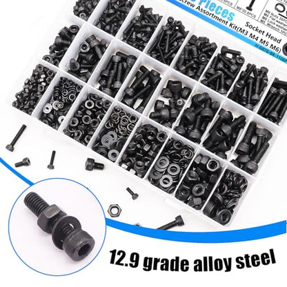 1108PCS Metric Screw Assortment Kit, M3 M4 M5 M6 Metric Bolts and Nuts Kit with with Lock & Flat Washers, 12.9 Grade Alloy Steel Hex Socket Head Cap Screws for 3D Printing - size: M3 M4 M5 M6, style: Socket Head