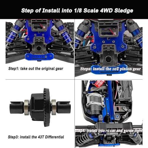 MOHERO RC Gearbox Front Rear Differential Gears 43T 10T Steel Diff Gear Set for 1/8 Scale 4WD Sledge Off-Road Truck Upgrade Part