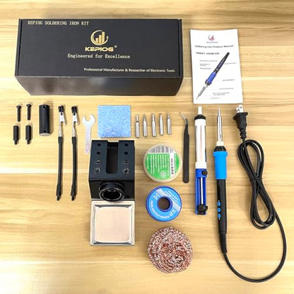 Soldering Iron Kit, 100W High Power LCD Soldering Iron, 2 Helping Hands Soldering, Flux, Iron Tips, Tin Wires, Solder Sucker, Tweezers. °C/℉ Conversion, Auto Sleep，Temperature Calibration - color: Blue (11-in-1 Soldering Iron Kit)